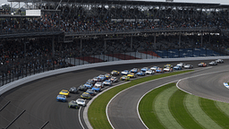 INDIANAPOLIS, IN - JULY 21: The field races into turn one on the stage two restart during the NASCAR, Motorsport, USA Cup Series Brickyard 400 on July 21, 2024, at the Indianapolis Motor Speedway in Indianapolis, Indiana. (Photo by Michael Allio Icon Sportswire) AUTO: JUL 21 NASCAR Cup Series Brickyard 400 EDITORIAL USE ONLY Icon116240721018