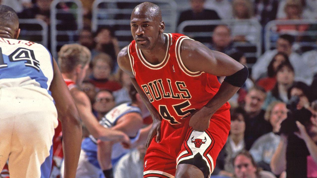 Chicago Bulls guard (45) Michael Jordan wears jersey#45 shortly after his return from a brief retirement following playing baseball against the Cleveland Cavaliers at Gund Arena.