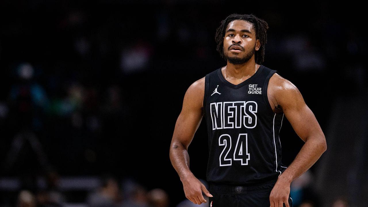 Brooklyn Nets guard Cam Thomas (24) looks on during a break against the Charlotte Hornets during the second quarter at Spectrum Center.