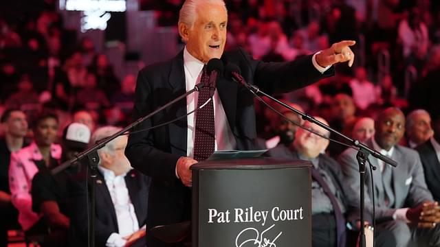 Oct 23, 2024; Miami, Florida, USA; Miami Heat president Pat Riley addresses the crowd during the Pat Riley Court dedication ceremony at halftime at Kaseya Center.
