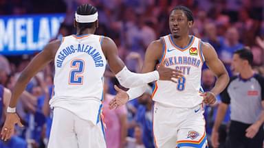 May 13, 2025; Oklahoma City, Oklahoma, USA; Oklahoma City Thunder forward Jalen Williams (8) and guard Shai Gilgeous-Alexander (2) celebrate after a scoring against the Denver Nuggets during the first quarter of game five of the second round for the 2025 NBA Playoffs at Paycom Center.