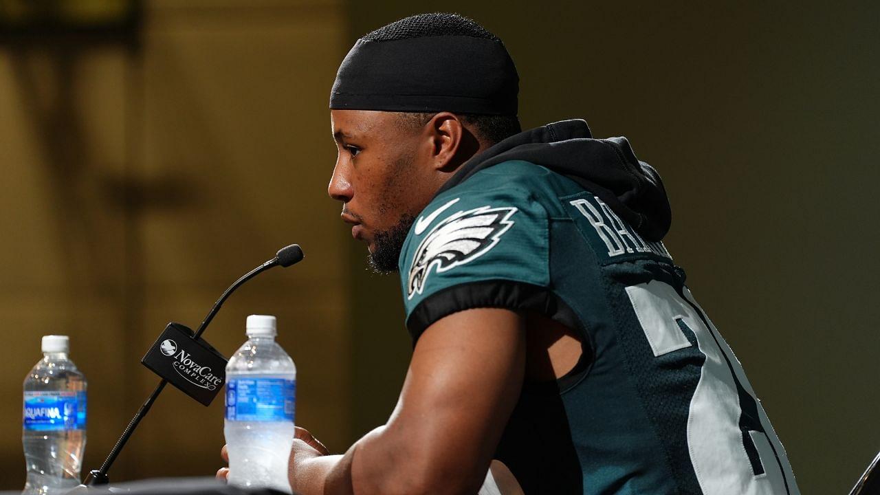 Philadelphia Eagles running back Saquon Barkley (26) addresses media during a press conference at NovaCare Complex.