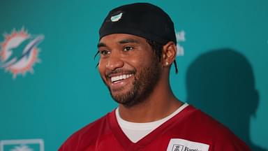 Miami Dolphins quarterback Tua Tagovailoa (1) speaks to reporters during training camp at Baptist Health Training Complex.