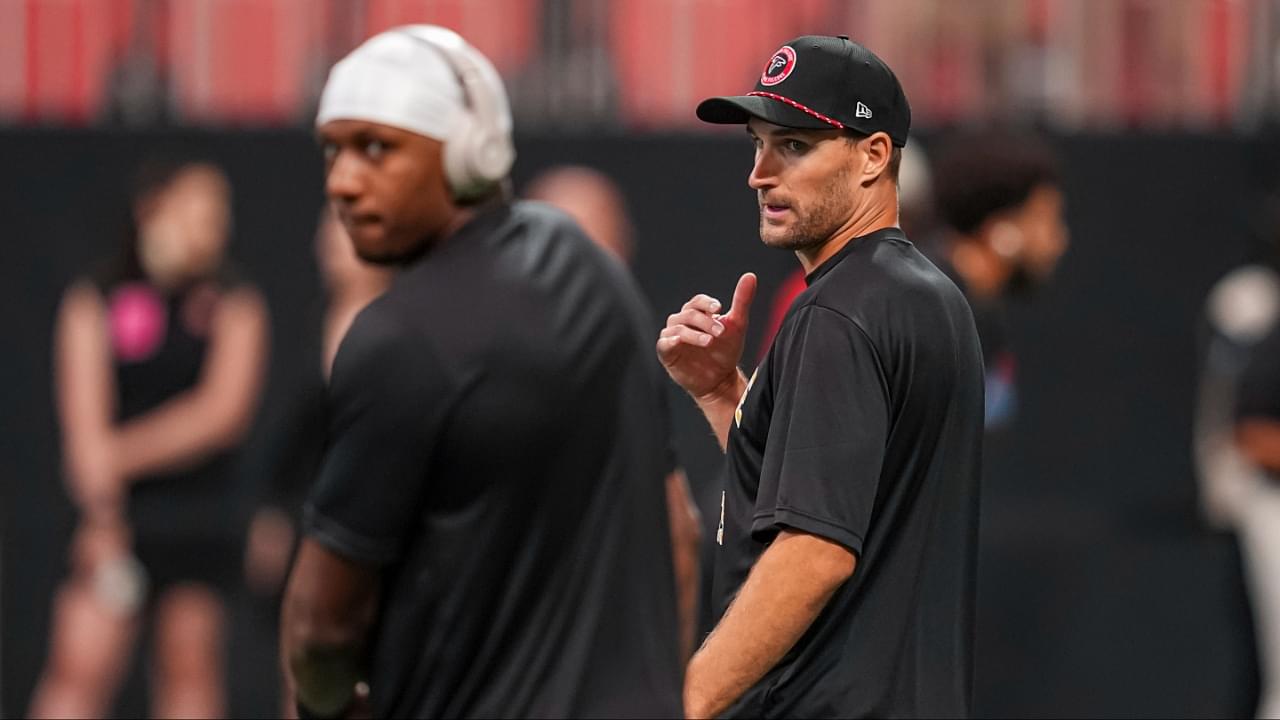 Atlanta Falcons quarterbacks Michael Penix Jr. (9) and Kirk Cousins (18) on the field prior to the game against the Pittsburgh Steelers at Mercedes-Benz Stadium.