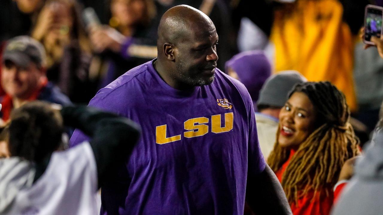 Former LSU Tigers Shaquille O'Neal attends the game against Arkansas Razorbacks during the first half at Tiger Stadium