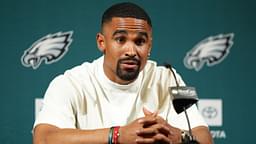 Philadelphia Eagles quarterback Jalen Hurts (1) addresses media during a press conference at NovaCare Complex.