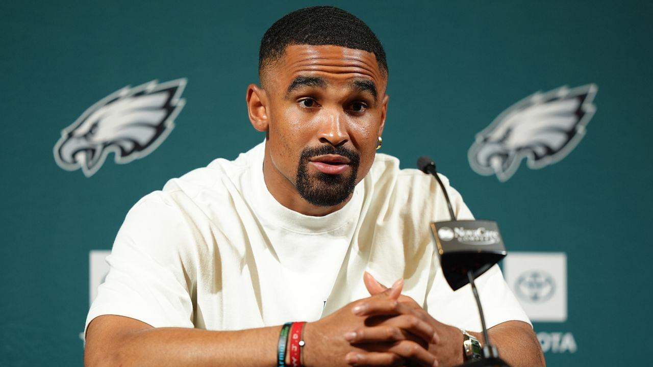 Philadelphia Eagles quarterback Jalen Hurts (1) addresses media during a press conference at NovaCare Complex.