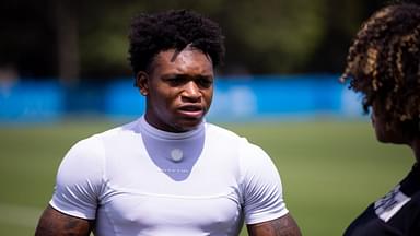 Carolina Panthers wide receiver Jimmy Horn Jr. (15) talks with media after practice at training camp.