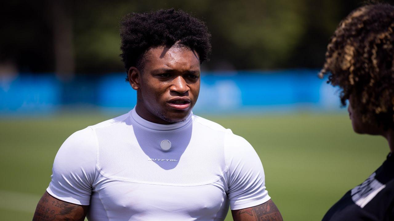 Carolina Panthers wide receiver Jimmy Horn Jr. (15) talks with media after practice at training camp.