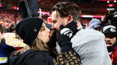 Recording artist Taylor Swift and Kansas City Chiefs tight end Travis Kelce (87) react after the AFC Championship game against the Buffalo Bills