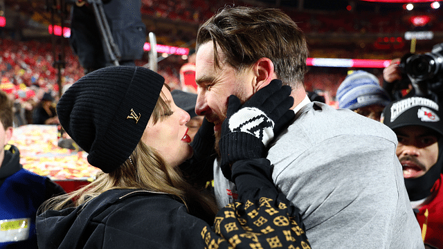 Recording artist Taylor Swift and Kansas City Chiefs tight end Travis Kelce (87) react after the AFC Championship game against the Buffalo Bills