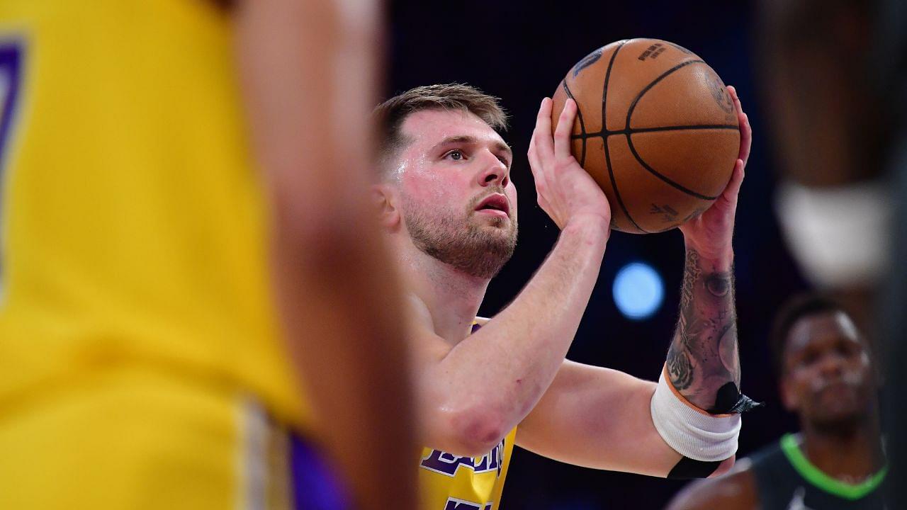 Los Angeles Lakers guard Luka Doncic (77) shoots a free throw against the Minnesota Timberwolves during the first half in game five of first round for the 2025 NBA Playoffs at Crypto.com Arena.
