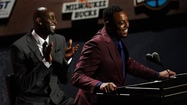 Class of 2021 inductee Paul Pierce speaks alongside presenter Kevin Garnett during the Naismith Memorial Basketball Hall of Fame Enshrinement at MassMutual Center.