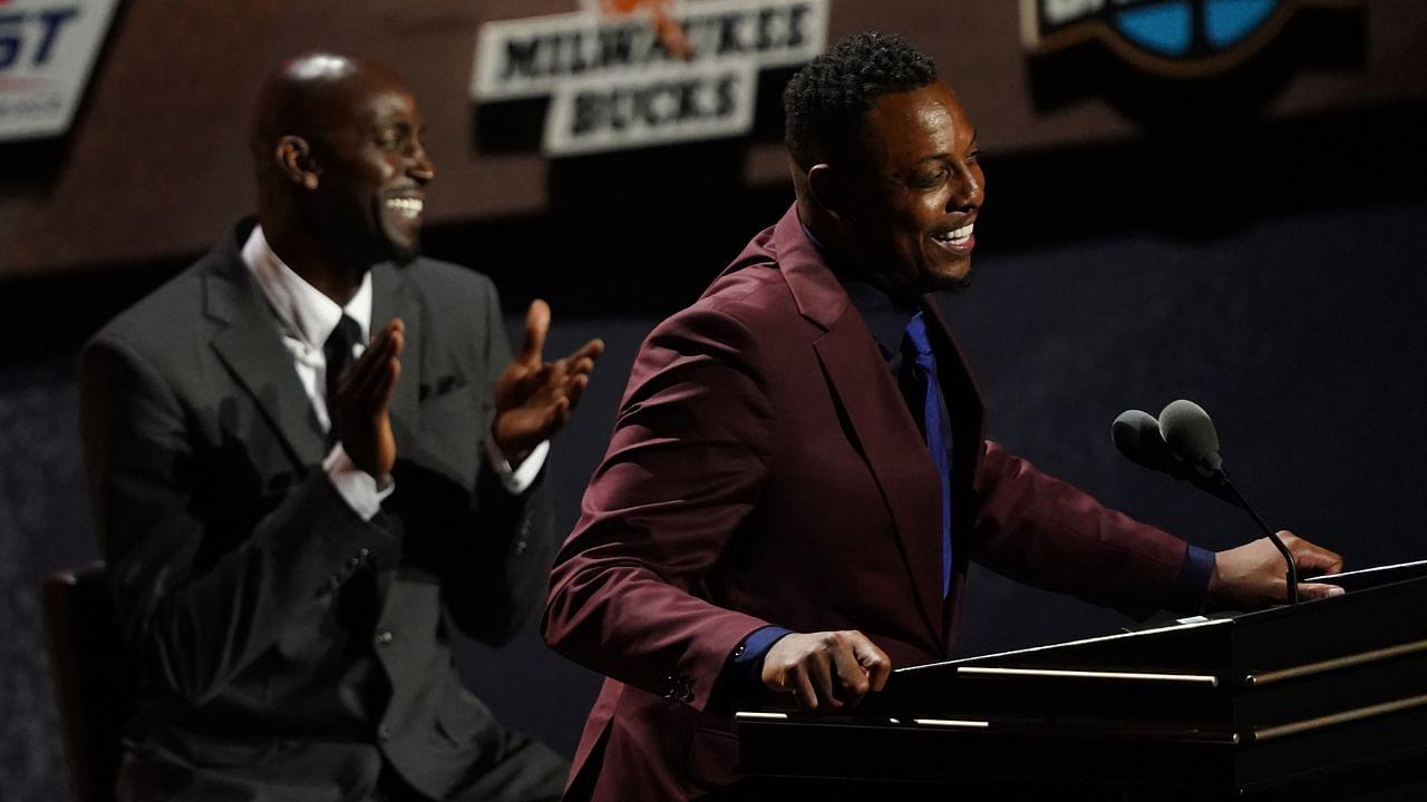 Class of 2021 inductee Paul Pierce speaks alongside presenter Kevin Garnett during the Naismith Memorial Basketball Hall of Fame Enshrinement at MassMutual Center.