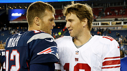 New England Patriots quarterback Tom Brady (12) and New York Giants quarterback Eli Manning (10) meet on the field after the game Gillette Stadium