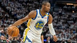 May 8, 2025; Minneapolis, Minnesota, USA; Golden State Warriors forward Jonathan Kuminga (00) dribbles the ball against the Minnesota Timberwolves in the second half during game two of the second round for the 2025 NBA Playoffs at Target Center.