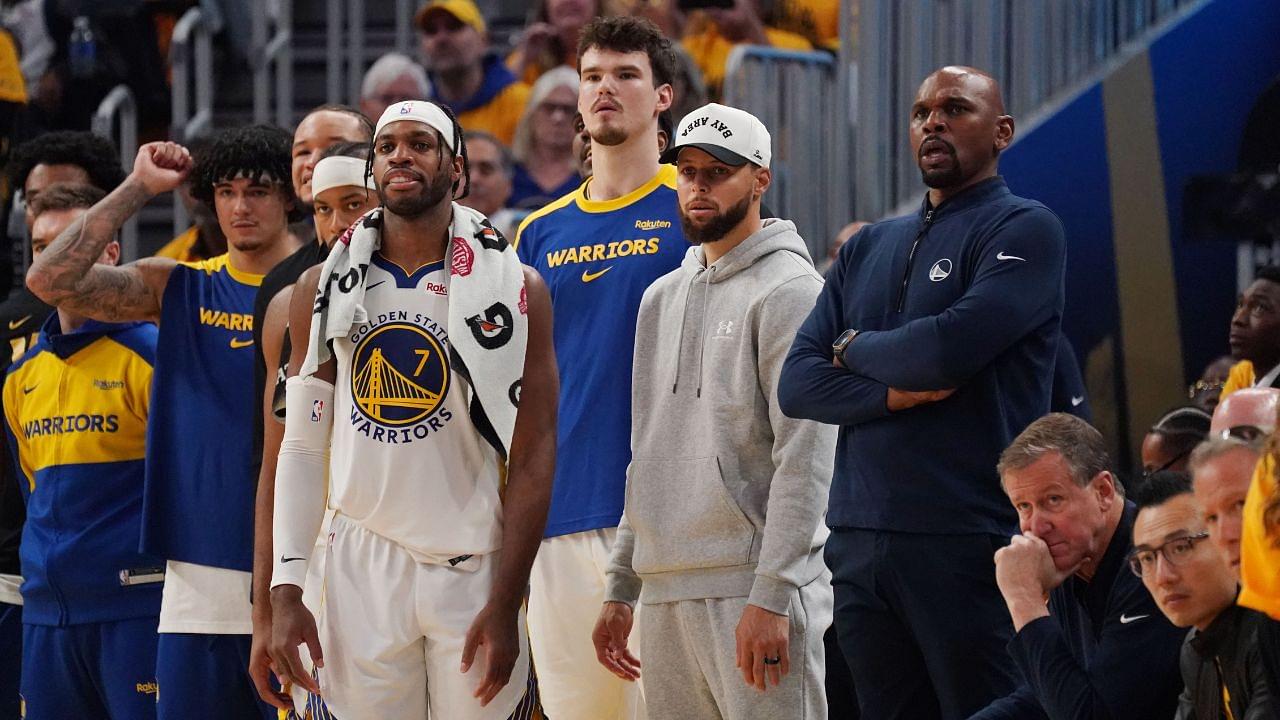 Golden State Warriors guard Stephen Curry (30) watches from the bench during game three against the Minnesota Timberwolves in the second round of the 2025 NBA Playoffs at Chase Center.