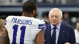 Dallas Cowboys outside linebacker Micah Parsons (11) meets with owner Jerry Jones (center) and NFL commissioner Roger Goodell (right) prior to the NFC Wild Card playoff football game against the San Francisco 49ers at AT&T Stadium.