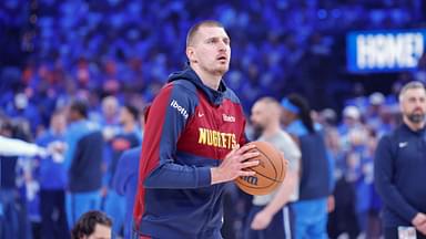 May 18, 2025; Oklahoma City, Oklahoma, USA; Denver Nuggets center Nikola Jokic (15) warms up before game seven of the second round against the Oklahoma City Thunder for the 2025 NBA Playoffs at Paycom Center