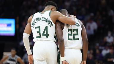 Milwaukee Bucks power forward Giannis Antetokounmpo (34) puts his arm around small forward Khris Middleton (22) during the third quarter against the Sacramento Kings at Golden 1 Center.
