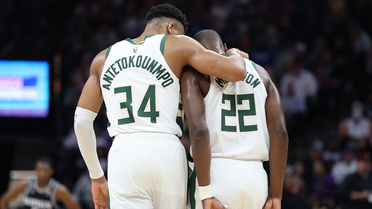Milwaukee Bucks power forward Giannis Antetokounmpo (34) puts his arm around small forward Khris Middleton (22) during the third quarter against the Sacramento Kings at Golden 1 Center.