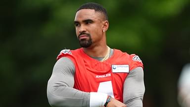 Jun 10, 2025; Philadelphia, PA, USA; Philadelphia Eagles quarterback Jalen Hurts (1) looks on during a practice drill at NovaCare Complex.