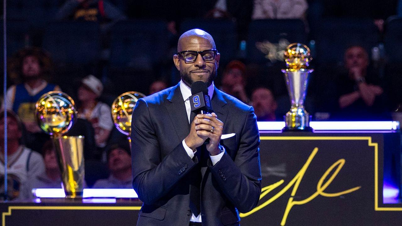 Former Golden State Warriors player Andre Iguodala talks during the Andre Iguodala jersey retirement ceremony at Chase Center.