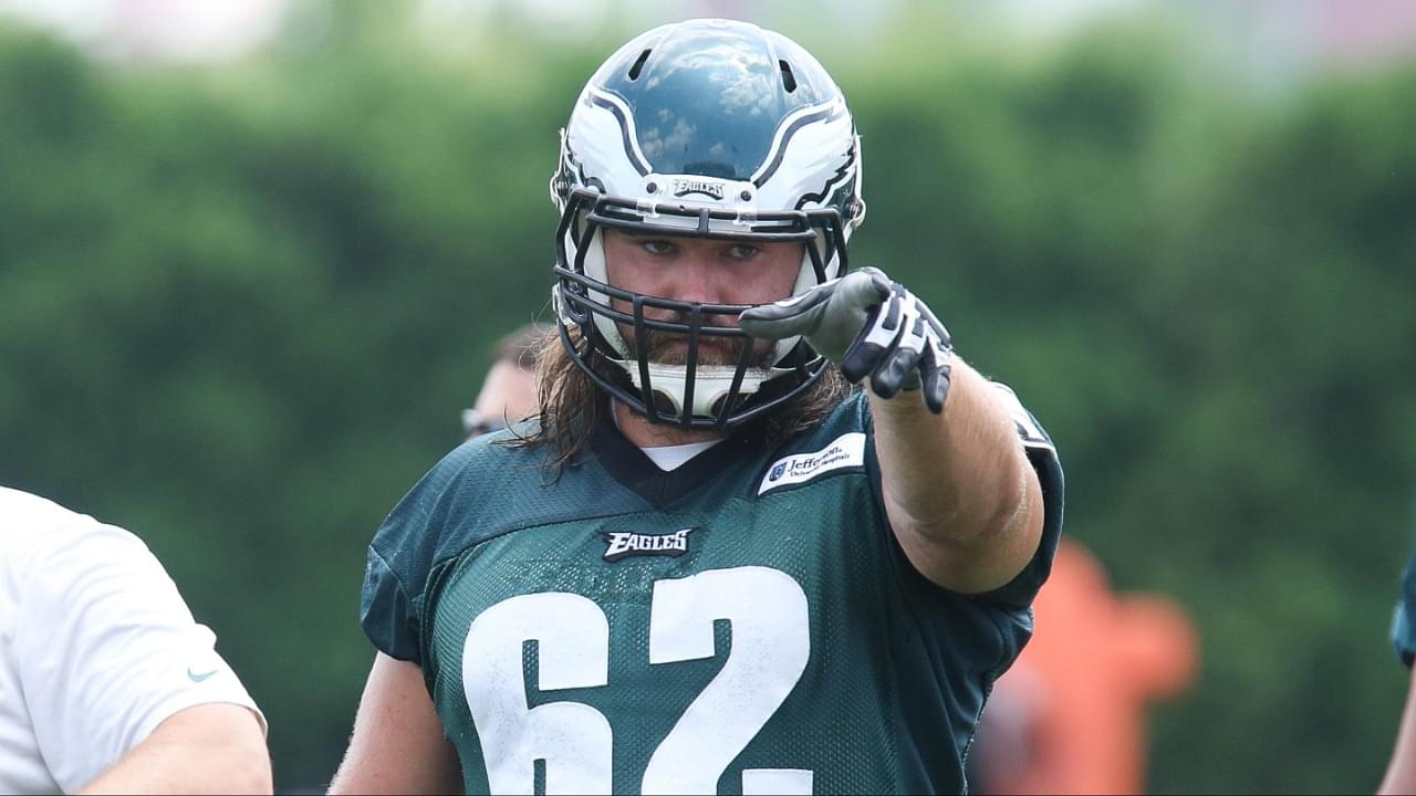 Philadelphia Eagles center Jason Kelce (62) points out positions as the offensive line runs drills during mini camp at the Philadelphia Eagles NovaCare Complex.