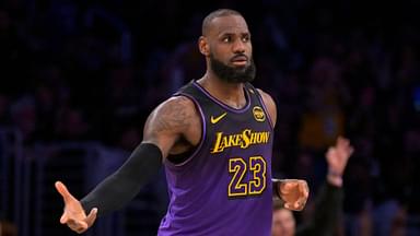 Nov 21, 2024; Los Angeles, California, USA; Los Angeles Lakers forward LeBron James (23) reacts after a 3-point basket in the second half against the Orlando Magic at Crypto.com Arena.