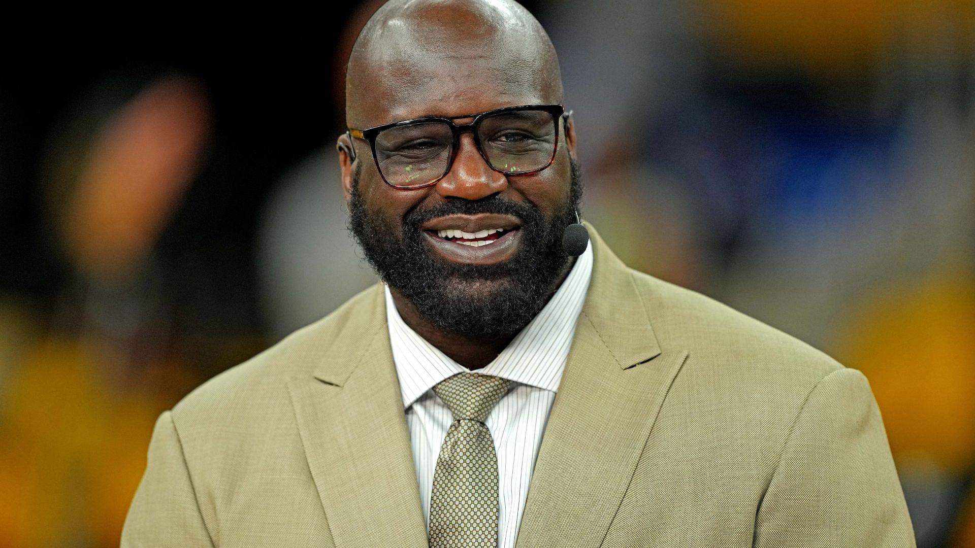 Jun 5, 2022; San Francisco, California, USA; TV analyst Shaquille O'Neal looks on beforeg game two of the 2022 NBA Finals between the Golden State Warriors and the Boston Celtics at Chase Center.