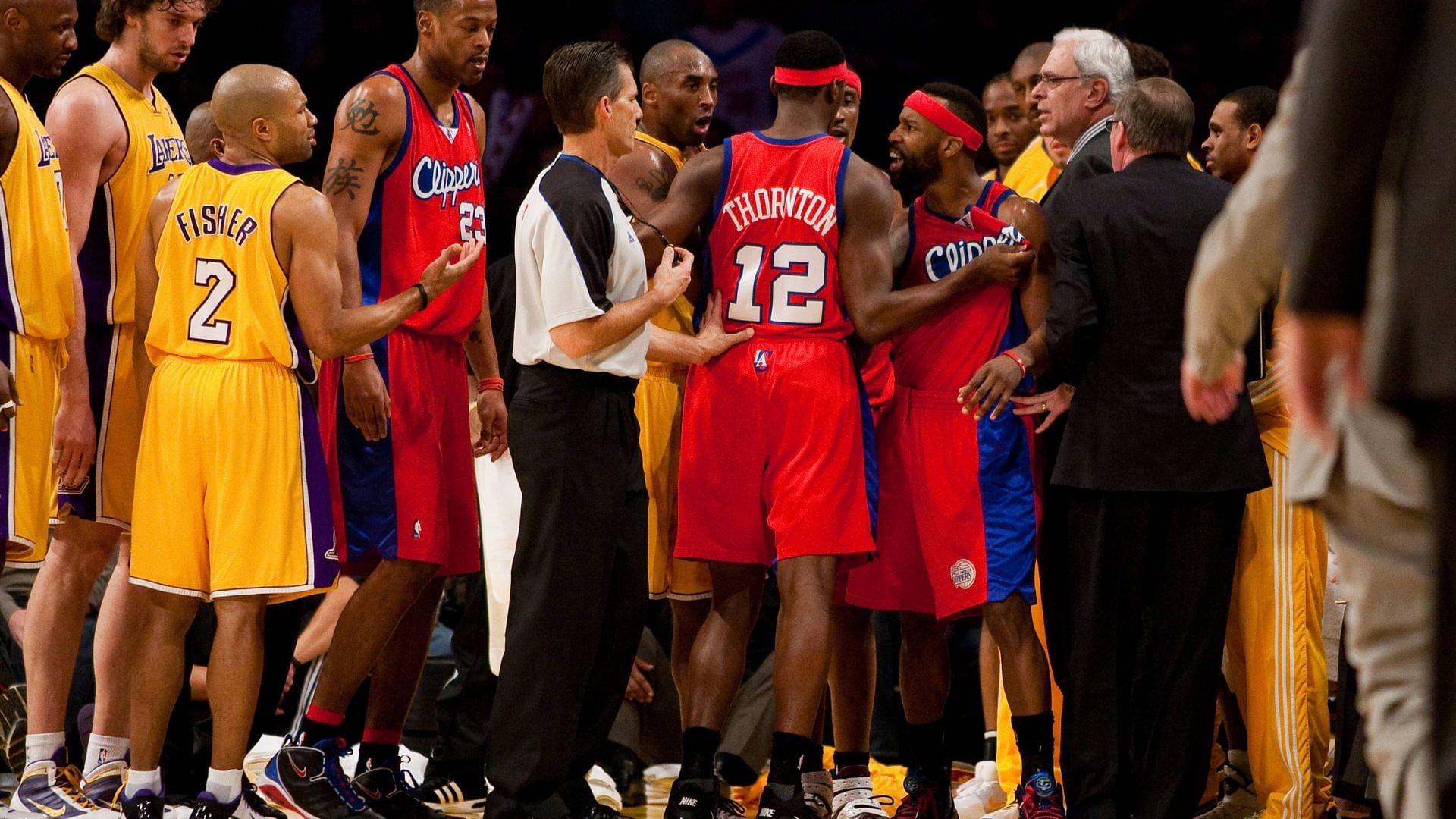 15 January 2010: Guard Baron Davis of the Los Angeles Clippers is held back from fighting by teammate Al Thornton while playing against the Los Angeles Lakers during the second half of the Lakers 126-86 victory over the Clippers at the STAPLES Center in Los Angeles, CA