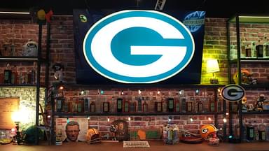 A Green Bay Packers logo at the Packer Everywhere Draft Haus at the NFL Draft Experience at Lambeau Field.