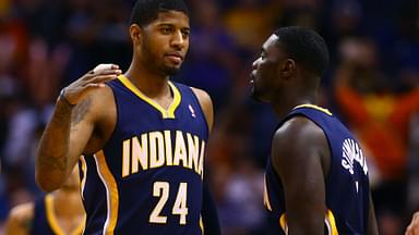 Jan 22, 2014; Phoenix, AZ, USA; Indiana Pacers forward Paul George (left) and guard Lance Stephenson against the Phoenix Suns at US Airways Center.