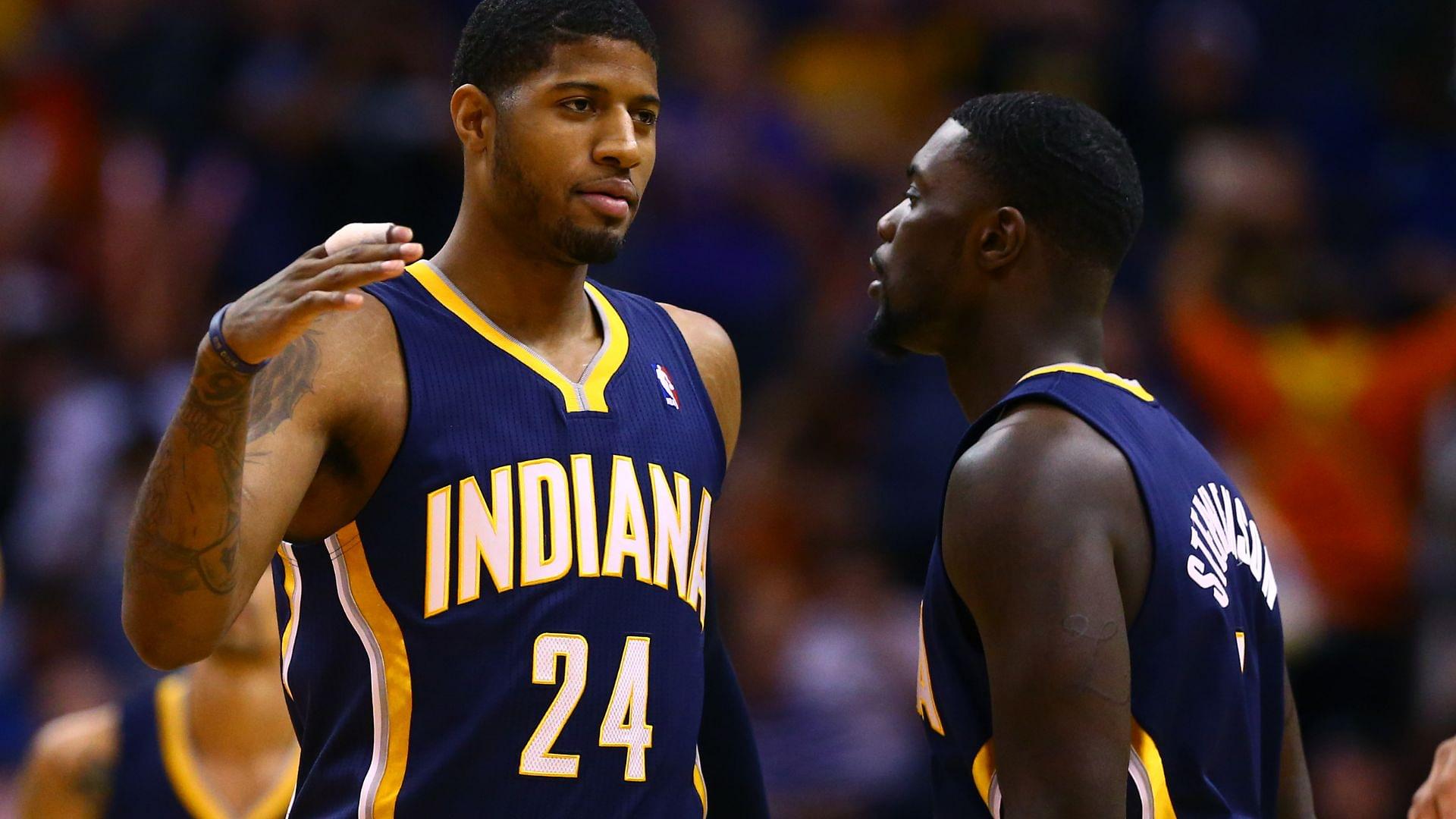 Jan 22, 2014; Phoenix, AZ, USA; Indiana Pacers forward Paul George (left) and guard Lance Stephenson against the Phoenix Suns at US Airways Center.