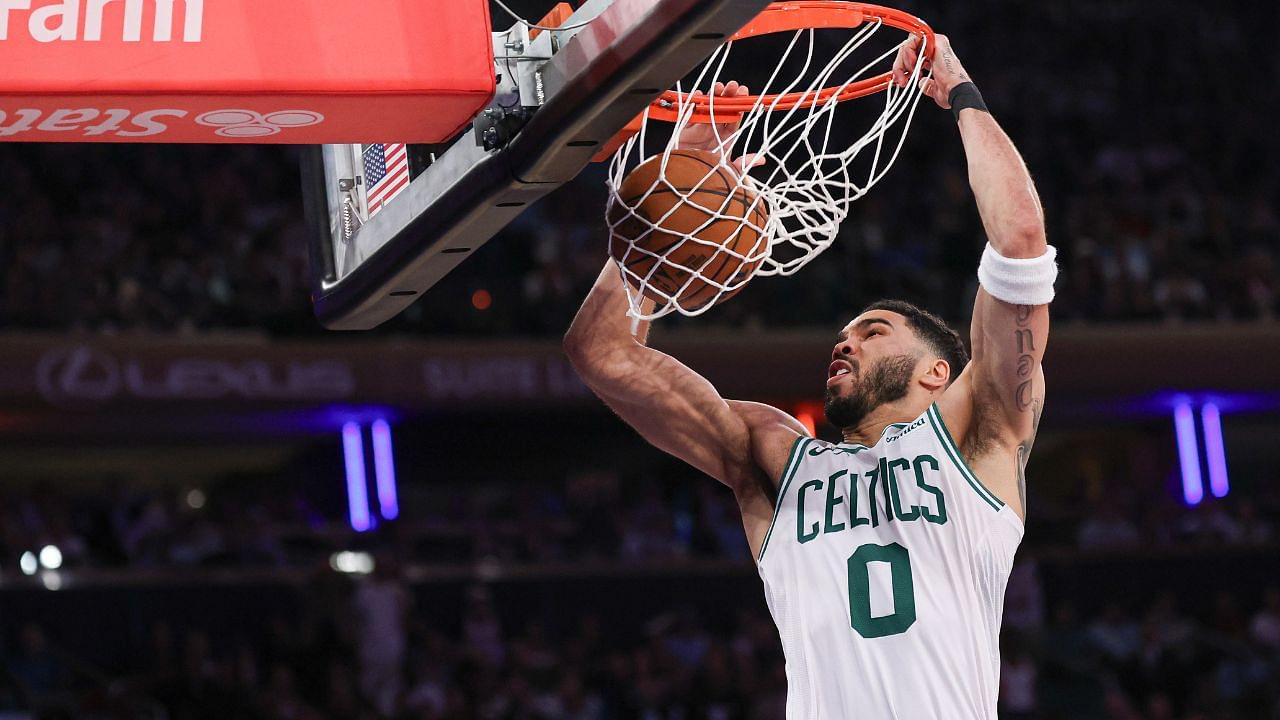 Boston Celtics forward Jayson Tatum (0) dunks the ball in the second half during game four of the second round for the 2025 NBA Playoffs against the New York Knicks at Madison Square Garden.