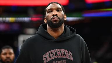 Apr 3, 2025; Philadelphia, Pennsylvania, USA; Philadelphia 76ers center Joel Embiid looks on after the game against the Milwaukee Bucks at Wells Fargo Center
