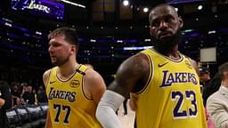 USA; Los Angeles Lakers guard Luka Doncic (77) and Los Angeles Lakers forward LeBron James (23) leave a court after defeating the Minnesota Timberwolves 94-85 in game two of first round for the 2024 NBA Playoffs at Crypto.com Arena