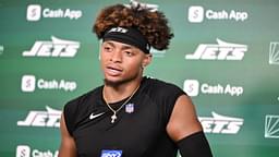 New York Jets quarterback Justin Fields (7) speaks at a press conference during minicamp at Atlantic Health Jets Training Center.