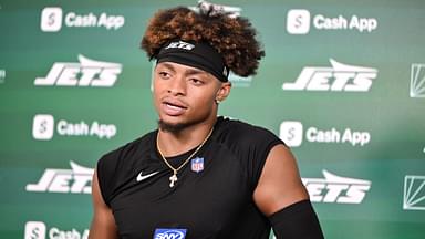 New York Jets quarterback Justin Fields (7) speaks at a press conference during minicamp at Atlantic Health Jets Training Center.