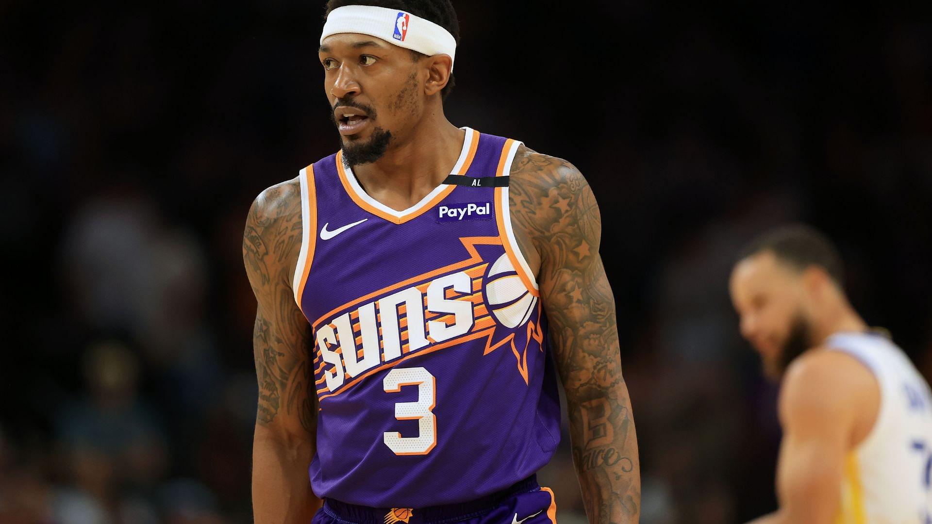 Apr 8, 2025; Phoenix, Arizona, USA; Phoenix Suns guard Bradley Beal (3) reacts during the first half against the Golden State Warriors at Footprint Center.