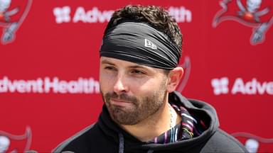 Tampa Bay Buccaneers quarterback Baker Mayfield (6) gives a press conference after mini camp at AdventHealth Training Center.