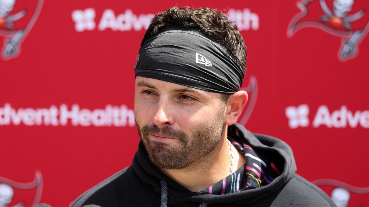 Tampa Bay Buccaneers quarterback Baker Mayfield (6) gives a press conference after mini camp at AdventHealth Training Center.