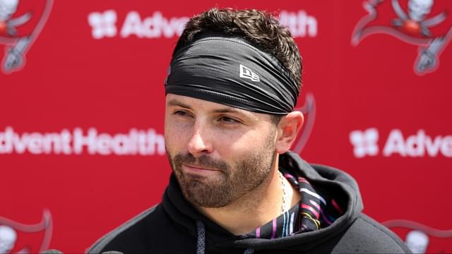 Tampa Bay Buccaneers quarterback Baker Mayfield (6) gives a press conference after mini camp at AdventHealth Training Center.