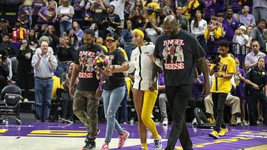 LSU s Angel Reese (10) is escorted to center court for senior night by her parents and Shaquille O Neal at halftime of NCAA, College League, USA Women s Basketball game action between the Kentucky Wildcats and the LSU Tigers at the Pete Maravich Assembly Center in Baton Rouge, LA