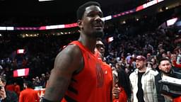 Portland Trail Blazers center Deandre Ayton (2) reacts after helping secure a 121-119 overtime win against the Phoenix Suns at Moda Center
