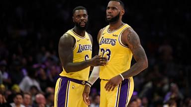 Los Angeles Lakers forward LeBron James (23) talks with guard Lance Stephenson (6) during the second half against the Denver Nuggets at Staples Center.