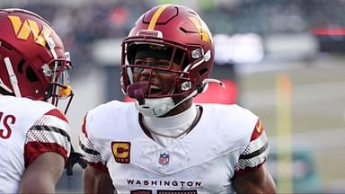 Washington Commanders wide receiver Terry McLaurin (17) reacts after a play with wide receiver Olamide Zaccheaus (14) against the Philadelphia Eagles during the first half in the NFC Championship game at Lincoln Financial Field.