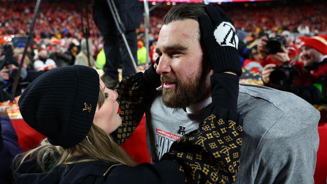 Recording artist Taylor Swift and Kansas City Chiefs tight end Travis Kelce (87) react after the AFC Championship game against the Buffalo Bills at GEHA Field at Arrowhead Stadium.