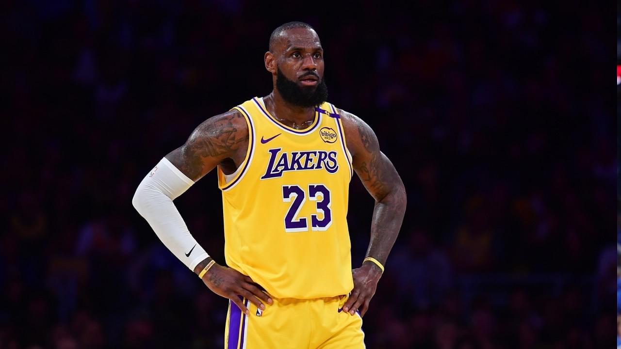 Los Angeles Lakers forward LeBron James (23) reacts during the first half in game five of first round for the 2025 NBA Playoffs at Crypto.com Arena.