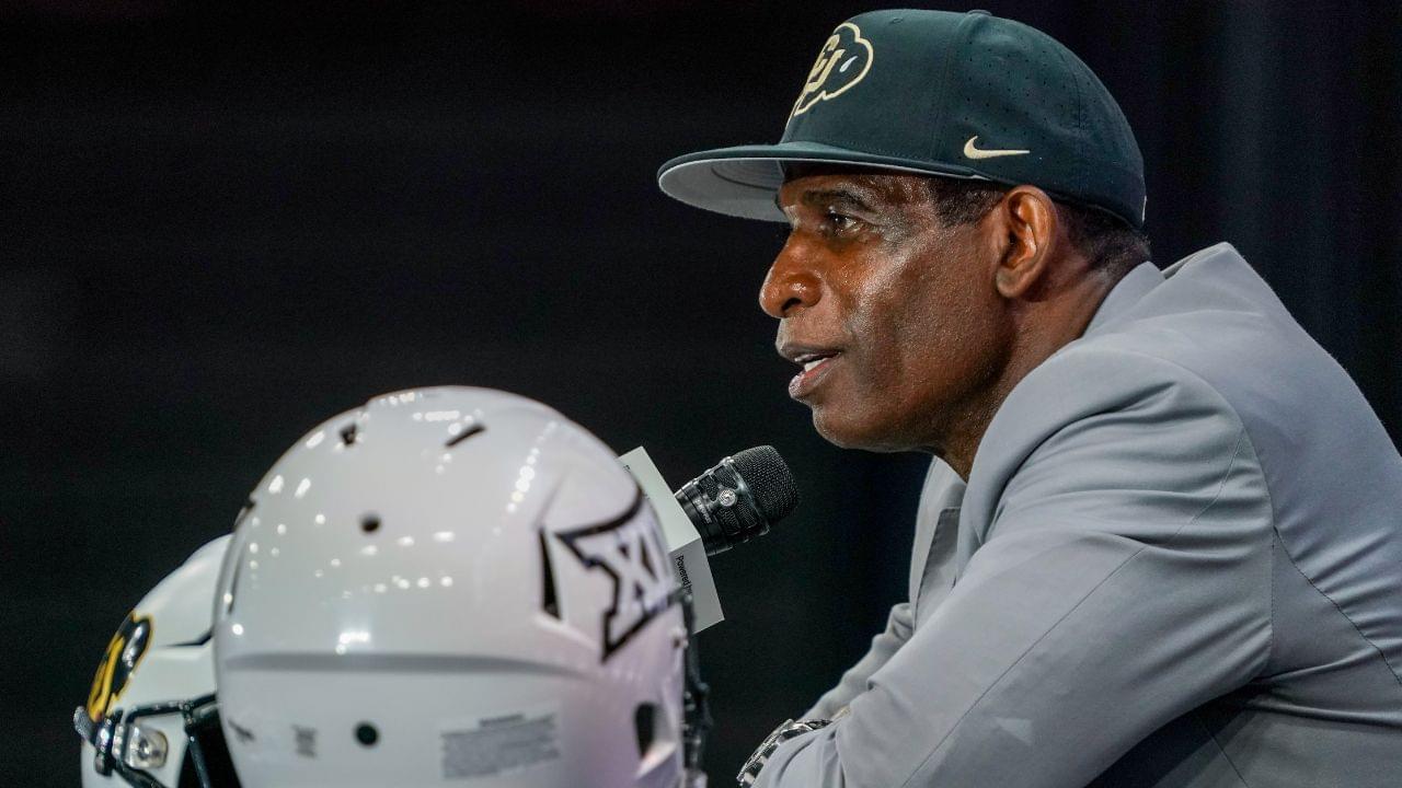 Colorado head coach Deion Sanders speaks with the media during 2025 Big 12 Football Media Days at The Star.